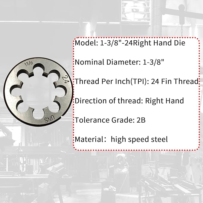Lzcdelyxiao 1-3/8"-24 Die, 1 3/8"-24 Round Threading Die, Right Hand, UNS, Nominal Diameter 1 3/8", TPI Thread Per Inch 24 Fin Thread, Tolerance Grade 2B, High Speed Steel HSS