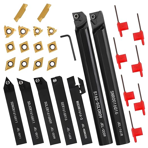 5/8"16mm Indexable Lathe Turning Tool 21Pcs Kit- 7Pcs Metal Lathe Tools Holder Set with 14Pcs Carbide Insert Turning Inserts for Turning Grooving Boring Threading Cutting
