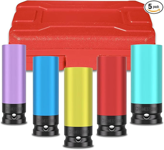 5PCS 1/2" Drive Wheel Protector Impact Socket, Non-Marring Lug Nut Deep Socket Set, CR-MO, 6 Point, Color-Coded Protective Socket | Metric 15 17 19 21 22 mm