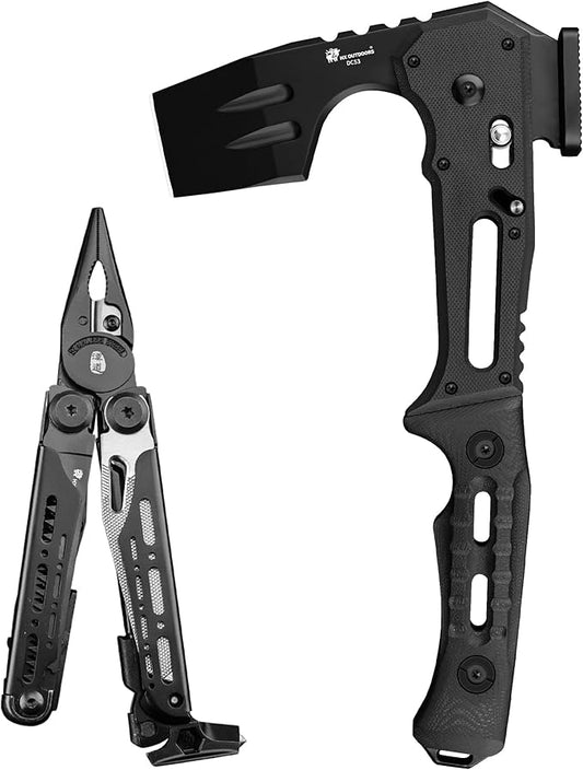 HX OUTDOORS Folding Tactical Axe and 19 in 1 Multi Tool Survival Combo – DC53 Steel Blade Stainless Steel Multitool for Camping Outdoor Emergency