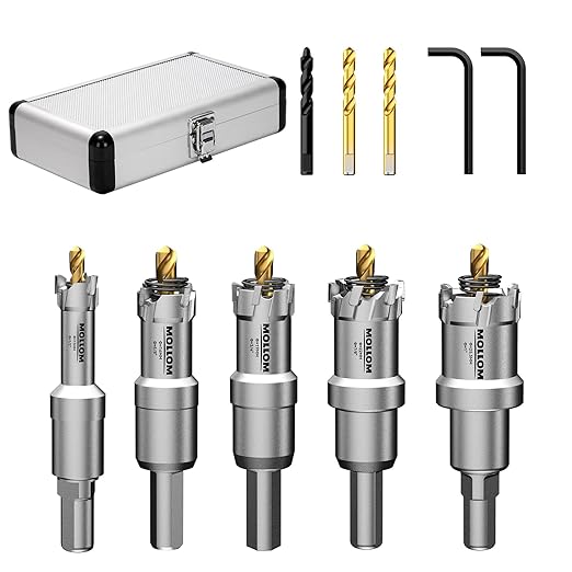 Mollom 5Pcs Hole Saw(13-25.5mm) TCT Carbide Tipped Hole Saw Kit for Hard Metal, Extra 2xTitanium & 1xStepped Pilot Drill bits and 2Pcs Hex Key for Stainless Steel, Iron,Aluminum,Alloy,Metal