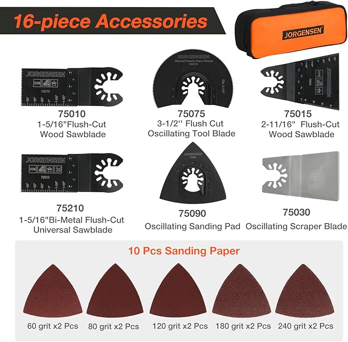JORGENSEN Oscillating Tool 5째Oscillation Angle, 4 Amp Oscillating Multi Tools Saw, 7 Variable Speed with 16-piece Electric Multitool Blades & Carrying Bag - 70800