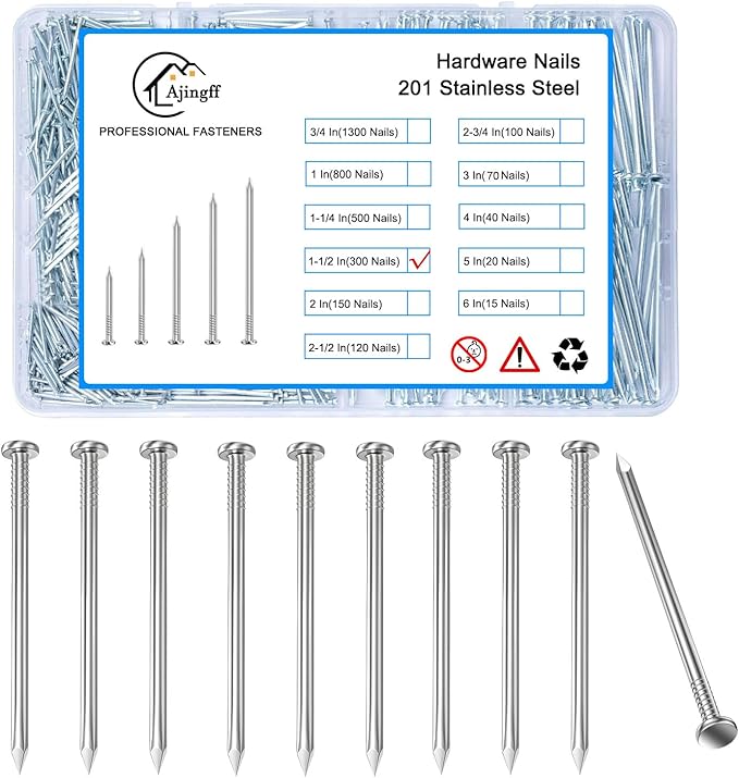 300PCS Galvanized Steel Hardware Nails with Storage Box, 1-1/2 Inch Flat Head Nails for Hanging Pictures and Woodworking, Picture Hanging Nails, Small Nails, Wall Nails, Wood Nails, Finishing Nails