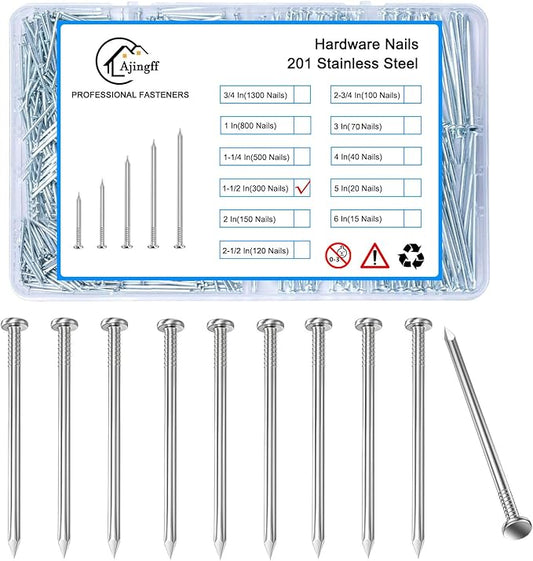 300PCS Galvanized Steel Hardware Nails with Storage Box, 1-1/2 Inch Flat Head Nails for Hanging Pictures and Woodworking, Picture Hanging Nails, Small Nails, Wall Nails, Wood Nails, Finishing Nails