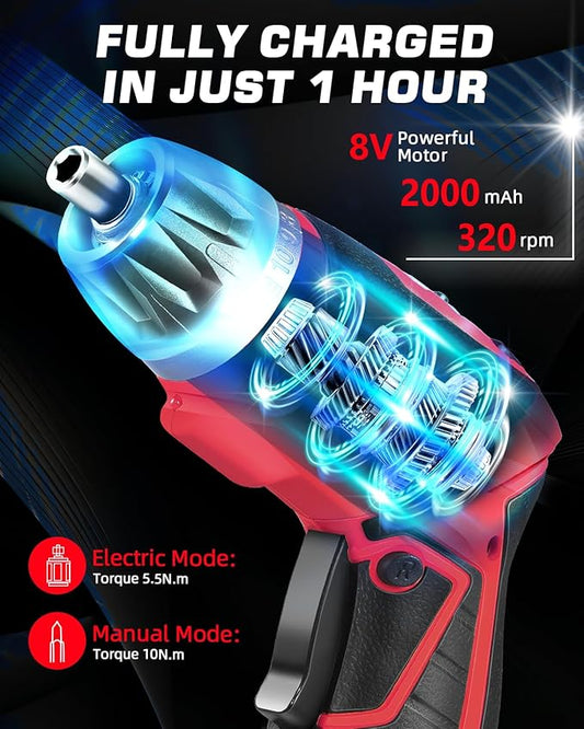 Cordless Electric Screwdriver Set, 8V 10Nm Rechargeable Power Electric Drill, Battery Screw Gun with Driver Bit, 320RPM/10+1 Torque, 2 Position Handle, Flexible Shaft LED Light (Red, 28Pcs)