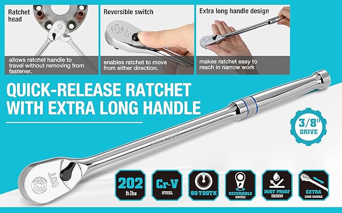 DURATECH Extra Long Handle 3/8-Inch Drive Ratchet, 90-Tooth Ratchet Wrench with 12" Handle and Dust Proof Teardrop Enclosed Head, Reversible, CR-V Steel Made, CR-MO Head, Full Polished, Gifts for Men