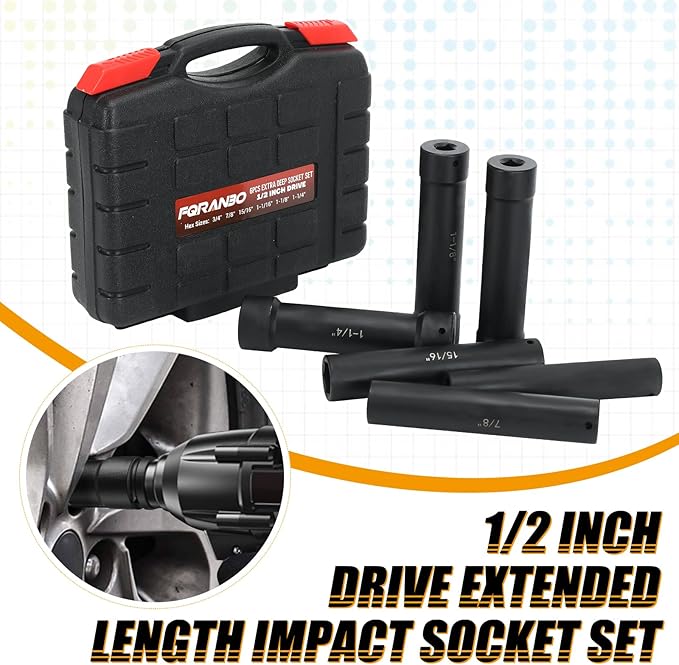 1/2 Inch Drive Extended Length Impact Socket Set, 6 Sizes Extra Deep Socket Set - Hex 3/4", 7/8", 15/16", 1-1/16", 1-1/8", 1-1/4" for High Torque Use (Extended Length)