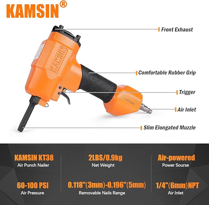 KT38 Pneumatic Nails Puller for Recycling Removing Nails shank diameter of 3-5 mm (0.118"-0.196") Air Punch Nailer Air Power Nail Remover Gun Nail Puncher Light Weight Denailer Gun