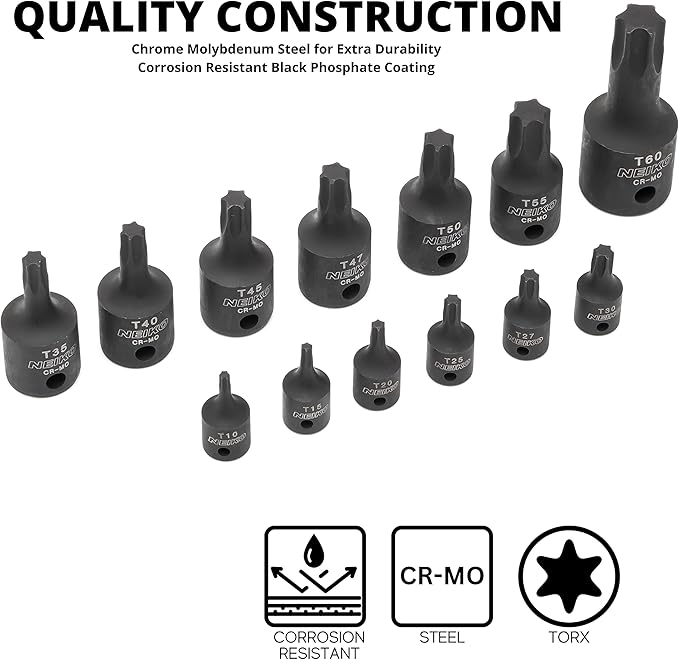 NEIKO 10281B Impact Torx Bit Socket Set, 1/4", 3/8" and 1/2" Drive, 6 Point Star Sockets, Heavy Duty Impact Grade Cr-Mo, T10 to T60 High Impact, Professional Grade Auto & Motorcycle Mechanic Socket