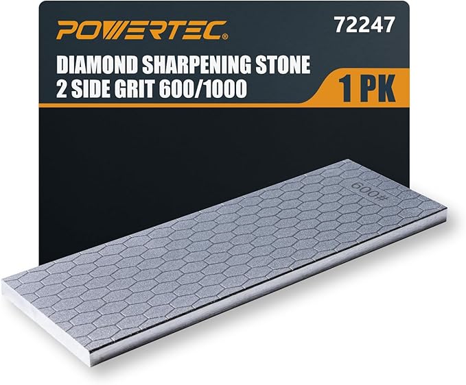POWERTEC Diamond Sharpening Stone, 600/1000 Dual Grit Diamond Knife Sharpener, 8 inch Honing Stone with Non-Slip Base for Pocket Knife, Scissor, Chisels, Blades, Woodworking (72247)