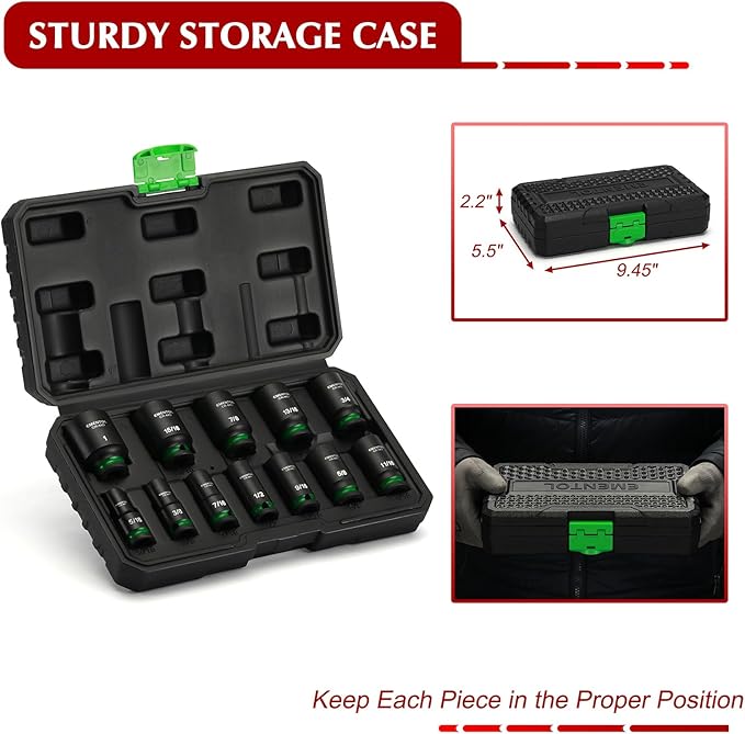 EMENTOL 3/8" Drive Impact Socket Set, Semi-Deep Sockets, 12 Pieces, Standard SAE (5/16"-1"), 12 Point, CR-MO, Stamped and ink filled