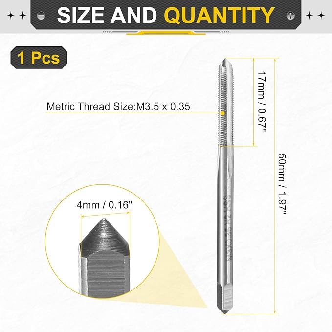 uxcell Hand Plug Tap M3.5 x .35 H2 Metric Thread Plug Style Taps Straight Flute Screw Tapping Threading Tool High Speed Steel HSS6542