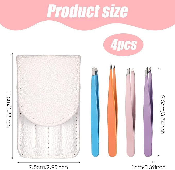 4Pcs Mini Tweezers Set, Micro Tweezers Stainless Steel Precision Eyebrow Tweezer for Facial Hair Removal, Travel Size With Leather Case