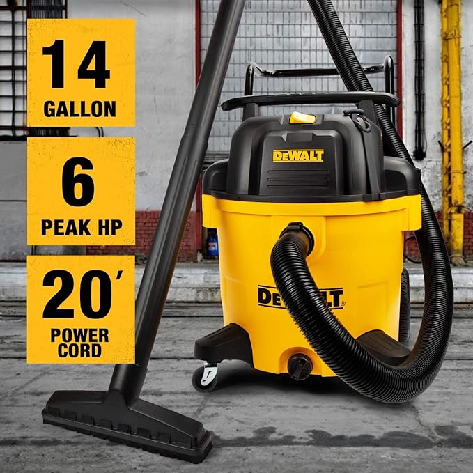 DEWALT 14 Gallon Poly Shop Vacuum Wet/Dry, 6 Peak HP, Cart Style Wet/Dry/Blower 3 in 1 Multifunction Shop Vacuum, Built-in Drain, DXV14P