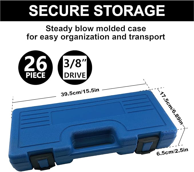 26pcs 3/8" Impact Socket Set, Deep & Standard Socket, Metric 7mm to19mm, 6-Point, Cr-V Steel
