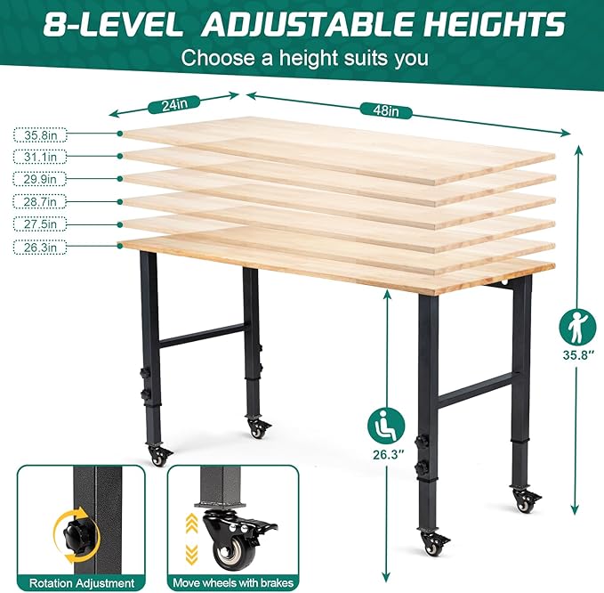 48 "Adjustable Wheels Workbench, Heavy Duty 2000 LBS Load Capacity Hardwood Workbench Suitable for Workshop, Office, Garage, Home (Metal Wheels訝쭼o Power Outlets 48"x24")