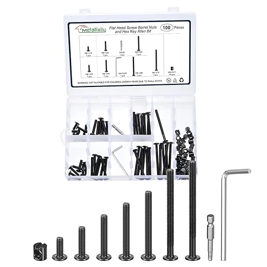 METALLIXITY Crib Screws Replacement Set(M6-1x16/25/35/45/55/65/75mm) 100Pcs, Socket Cap Screws Barrel Nuts Hex Drive Allen Bit Assortment Kit, for Chair Cabinet Bed, Black