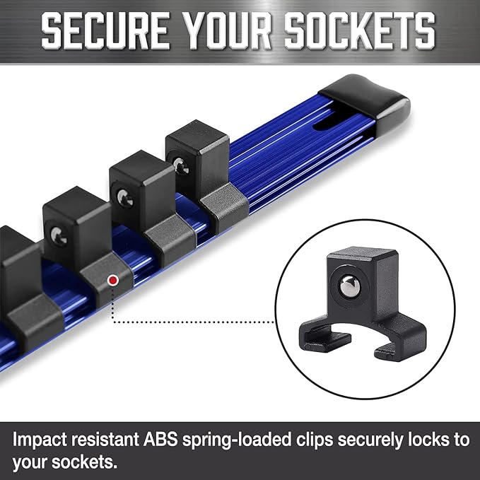 ALOANES 3-Piece 3/8-Inch Drive Aluminum Alloy Socket Organizer, Heavy Duty Socket Racks, Socket Holder Kit for Toolbox Drawer Fit 3/8-Inch x 54 Clips (Blue)