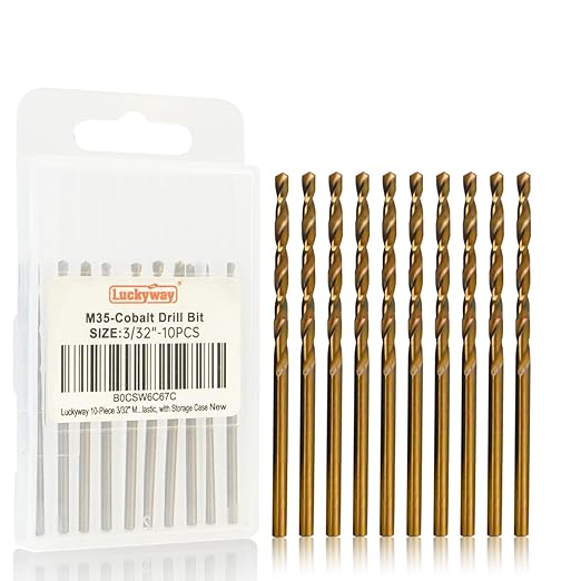 Luckyway 3/32" Cobalt Drill Bit (10 Pcs), Jobber Length Twist Drill Bit Set for Hard Metal, Stainless Steel, Cast Iron, Wood and Plastic, with Storage Case