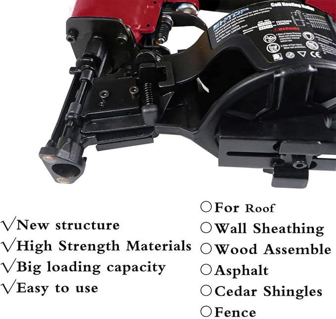 BHTOP CN45N Roofing Nailer, 15 Degree Roofing Nail Gun, 3/4-Inch to 1-3/4-Inch Coil Nails, 120-pcs Load Capacity Coil Nailer in Red