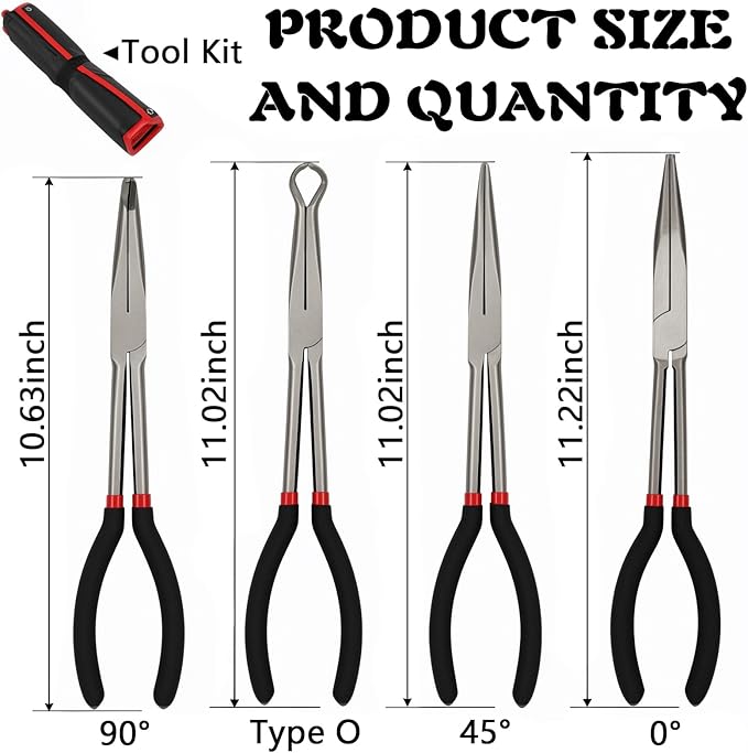 4 Pcs Extra Long Needle Nose Pliers Set, 11" Long Reach Pliers with Insulated Grip Handles - Straight Plier, 45/90 Degree Curved Pliers, O-shape Tip Needle Nose Plier, Spark Plug Removal Tool