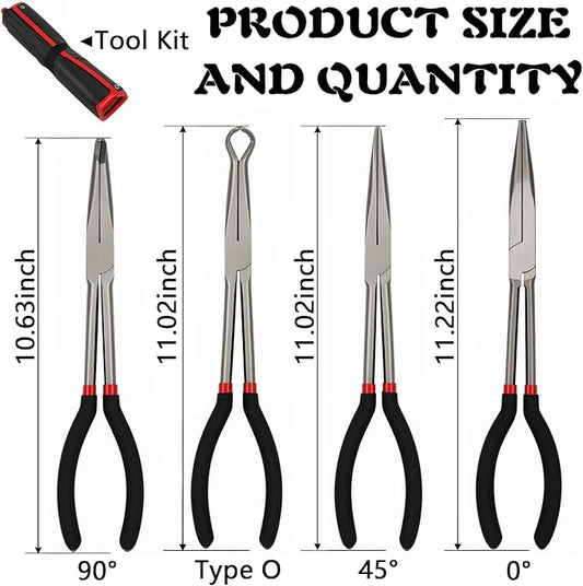 4 Pcs Extra Long Needle Nose Pliers Set, 11" Long Reach Pliers with Insulated Grip Handles - Straight Plier, 45/90 Degree Curved Pliers, O-shape Tip Needle Nose Plier, Spark Plug Removal Tool