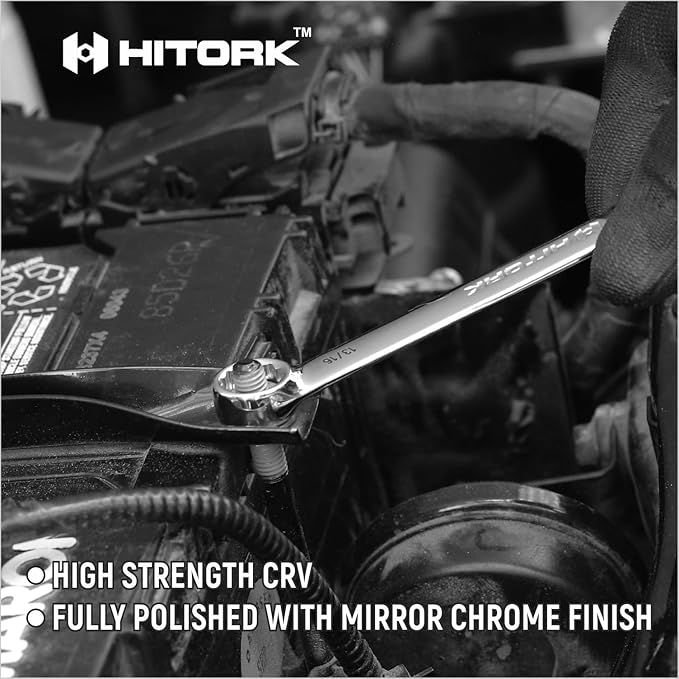 Hitork 11 Piece Combination Wrench Set with Roll Pouch, SAE Sizes (1/4" - 7/8"), Drop Forged Cr-V Steel, Chrome Plated Mirror Finish, 12 Point Box End, 15째 Offset, Exceeds ANSI Standards