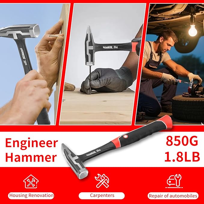 Meiwaltee 20 oz One-piece Forged Engineer Hammer, Sheet Metal Hammer 850g, Non-slip Rubber Grip For Construction, Gardening, Home Improvement