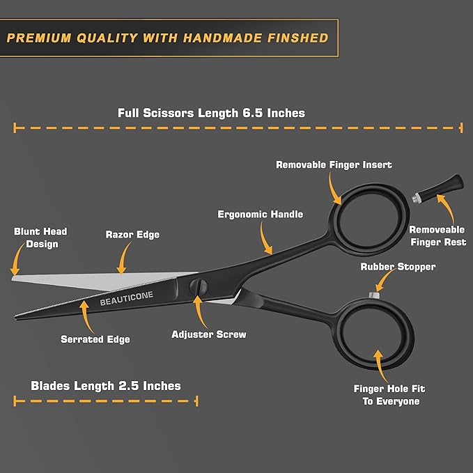 BEAUTICONE 짰 Hair Cutting Scissors - High Carbon SS 6.5" Professional Barber-Grade Salon Shears with Serrated & Razor Edge - Black Premium Gift Box with Leather Pouch & Extra Accs - Ultra Lightweight