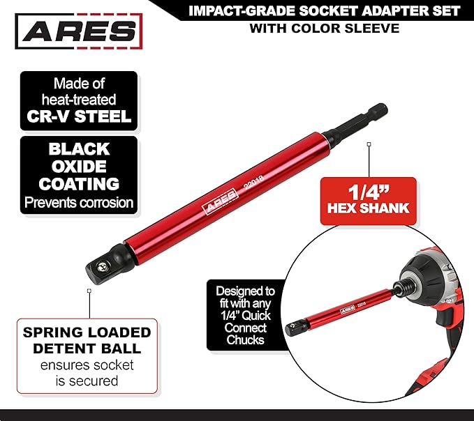 ARES 22013-6-Piece 3-Inch and 6-Inch Impact Grade Socket Adapter Set with Color Sleeve - Turns Impact Drill Drivers into High Speed Socket Drivers - 1/4-Inch, 3/8-Inch, and 1/2-Inch Drive