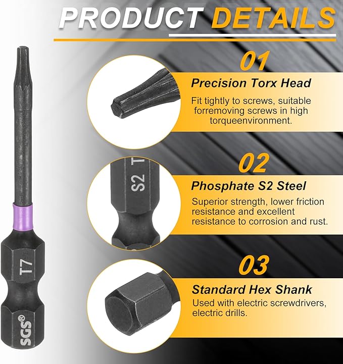 HARFINGTON 5pcs T7 Torx Head Impact Screwdriver Bits 1/4" Hex Shank 2" (50mm) Long Magnetic No Hole Tamper Proof 6 Point Star Screw Driver Drill Bits Phosphate S2 Steel Power Tools