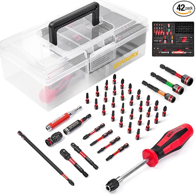 42Pcs Impact Screwdriver Set,Impact Screwdriver Bit Set Phillips/Hex/Torx/Square/Slotted Insert Power Bit Tips,Impact Nut Driver, Bit Holder and Screwdriver Handle with Black Storage Box Case
