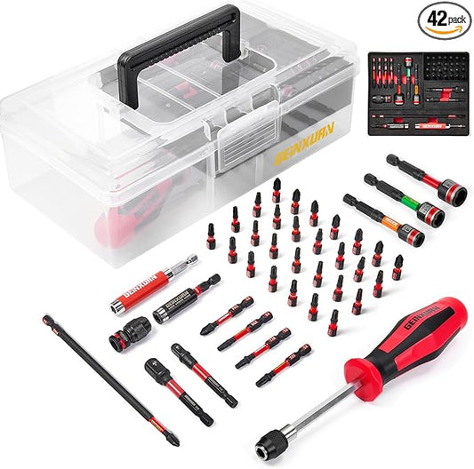 42Pcs Impact Screwdriver Set,Impact Screwdriver Bit Set Phillips/Hex/Torx/Square/Slotted Insert Power Bit Tips,Impact Nut Driver, Bit Holder and Screwdriver Handle with Black Storage Box Case