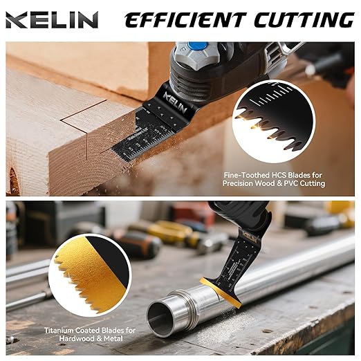 KELIN 56 PCS Oscillating Multi Tool Blades Kit, 4 Types Titanium Saw Blades for Wood, Metal, Drywall, Pipes ??Fits Dewalt, Bosch, Milwaukee & 98% Oscillating Tools