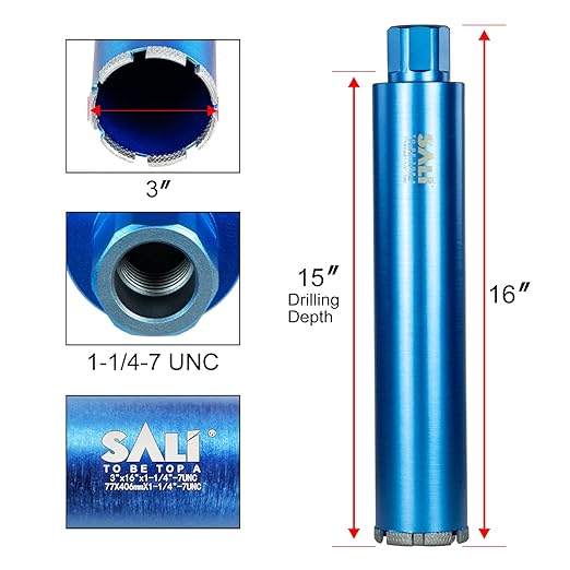 SALI Wet Diamond Core Drill Bits 3"/77mm Diameter, 15"/380mm Drilling Depth Concrete Core Drill Bit, 1-1/4-7" Thread Core Bit Turbo Laser-Welded Segments with Rebar, Brick, Block, Masonry, Stone