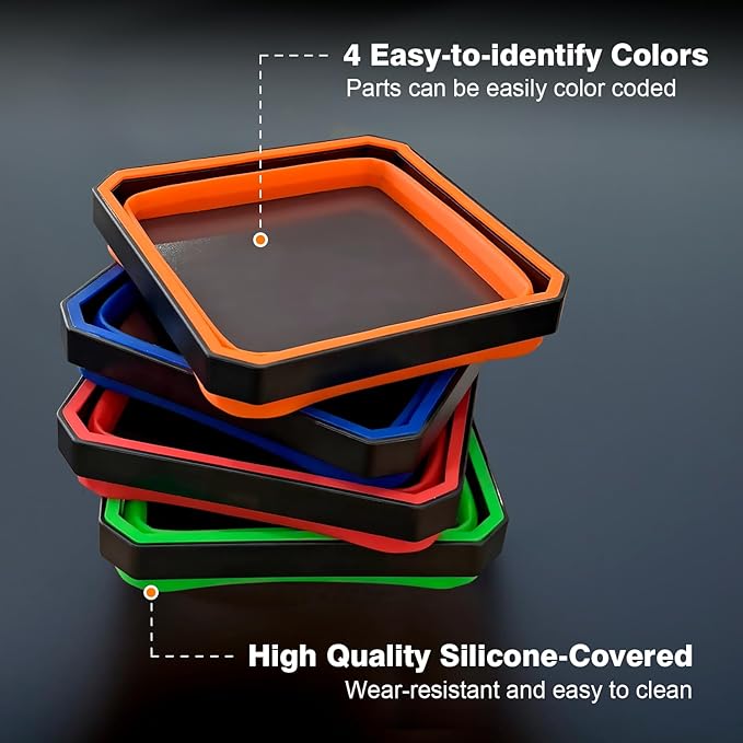 Collapsible Magnetic Parts Tray Set, 4 Pack Foldable Silicone Magnetic Tool Trays for Bolts Screws Nuts & Small Metal Parts, 4.5??Upgraded Square Silicone Bowls with Dual-Sided Magnetic Base