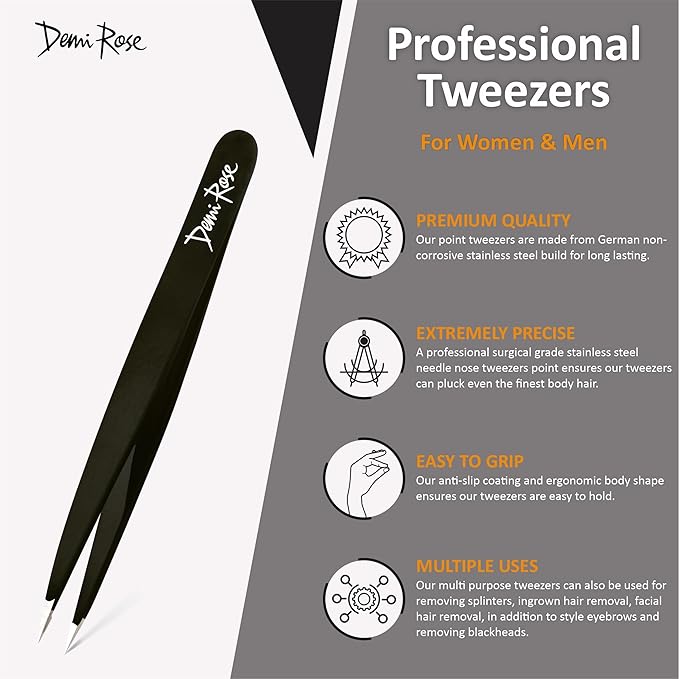 Pointed Tweezers - High Carbon Stainless Steel Fine Point Precision Tweezers for Ingrown Hair Removal - Perfectly Aligned Hand Filed Sharp Tweezer - Needle Nose Tweezers (Black)