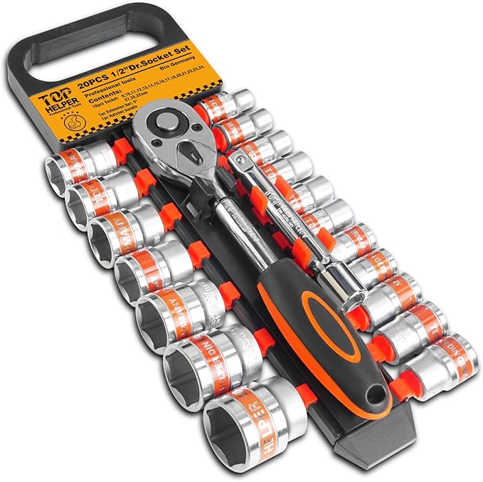20 PCS 1/2" Drive Metric Socket Wrench Set,1/2 Reversible Ratchet Handle竊? Point Shallow Sockets (8-32mm) and Extension Bar 5", CR-V Steel, Car Repair Set