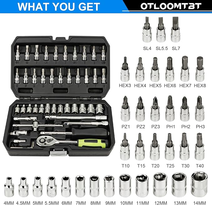 46 Pieces 1/4 Inch Drive Industrial Grade Socket Ratchet Wrench Set, with Bit Socket Set Metric and Extension Bar for Auto Repairing and Household, With Thickened Storage Case
