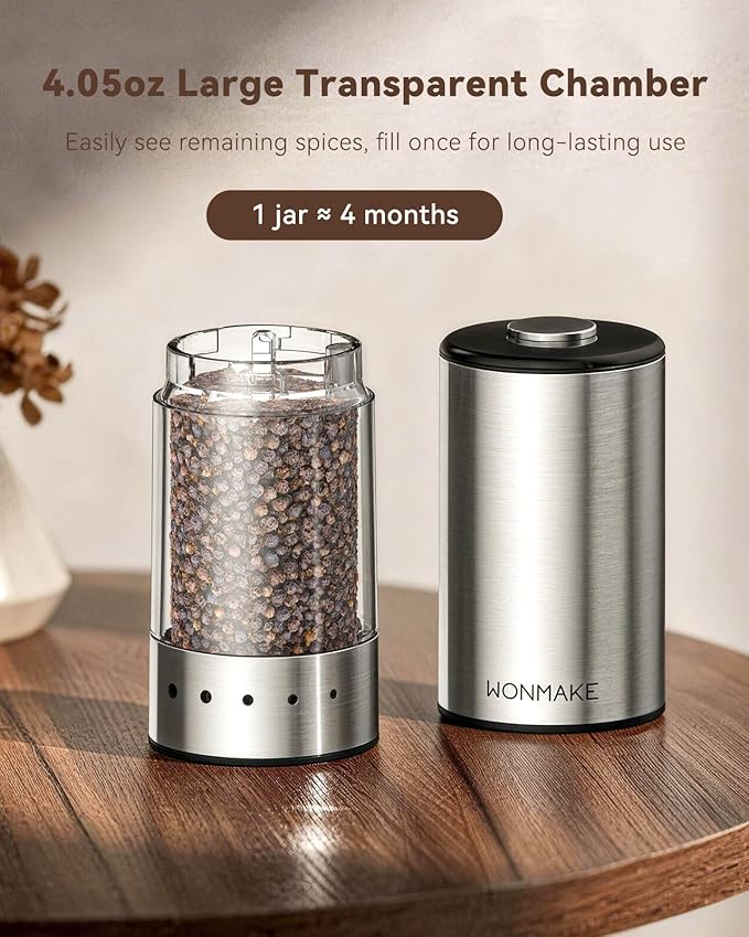 Electric Salt and Pepper Grinder Set, Stainless Steel Salt and Pepper Shakers with Storage Base, Type-C Rechargeable with Power Display, 5 External Coarseness Levels for Easy One-Hand Operation