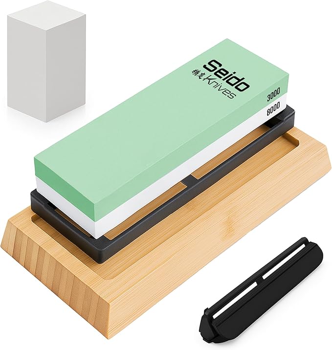 Seido Knives Double-Sided Sharpening - Non-slip Whetstone Rubber Base Bamboo Non-slip Base Flattening Stone Angle Guide Complete Sharpening Kit for Precision Edge