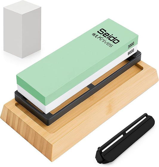 Seido Knives Double-Sided Sharpening - Non-slip Whetstone Rubber Base Bamboo Non-slip Base Flattening Stone Angle Guide Complete Sharpening Kit for Precision Edge