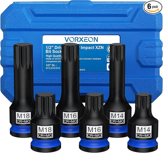 1/2" Drive Triple Square Spline Impact Bit Sockets Long and Short Combinations Set, 6 Pcs XZN Socket 42 Cr-Mo M14 M16 M18 With Storage Case