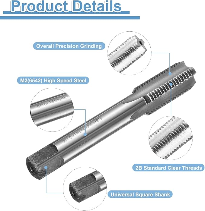 uxcell Hand Bottom Tap 9/16-16 UNS 2B Thread Bottoming Style Threading Taps High Speed Steel HSS6542 Straight Flutes Screw Tapping Tool
