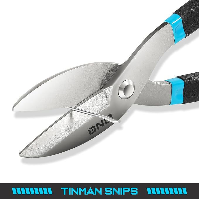 DNA Motoring Straight Cut Tin Snip Shears, Heavy Duty High Carbon Steel with Vinyl-Dipped Handles, Black/Blue, TOOLS-00491