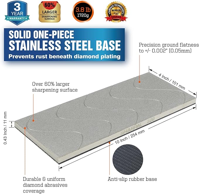 SHARPAL 145H 10 x 4 Inch Diamond Lapping Plate, Whetstone Flattener, Extra Coarse 220 Grit for Coarse Sharpening and Flattening Stones, Fix & Re-levelling any Whetstone and Sharpening Stones