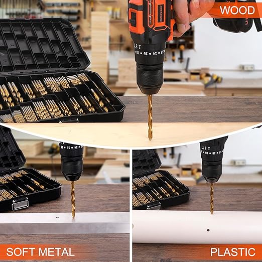 COMOWARE 100 Pcs Titanium Drill Bit Set - High Speed Steel for Steel, Wood, Plastic, Metal, Copper, Aluminum Alloy with Storage Case, 3/64"-3/8"