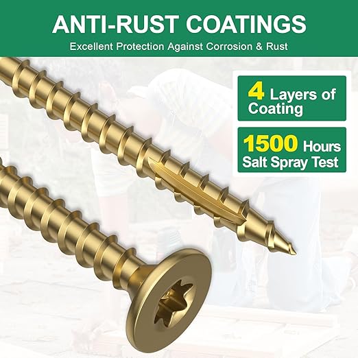 #8 x 1-1/4” Deck Screws, 500Pcs Star Drive Wood Screws, Rust Resistant Timber Screws for Timber/Log/Landscaping Wood, T20 Star Bit Included, Gold
