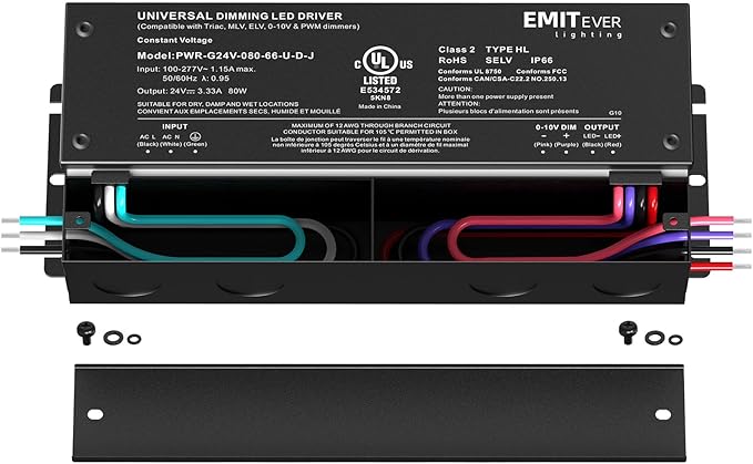 EMITEVER Dimmable Led Driver, 80W AC 110V-277V to DC 24V Transformer, 5-in-1 Dimming: ELV/MLV/TRIAC / 0-10V / 1-10V / 10V PWM/Potentiometer,Class 2,Waterproof IP67 and UL Listed竊똂lass 2