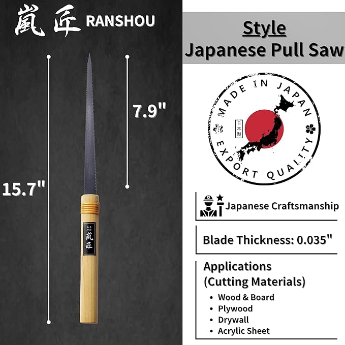 Japanese Pull Saw Woodworking Small Keyhole Saw 7-7/8" Made in JAPAN, Ryoba Double-Edge Handsaw for Wood, Plywood, Drywall, Sheetrock, Gypsum Board, Plasterboard, Wood Handle